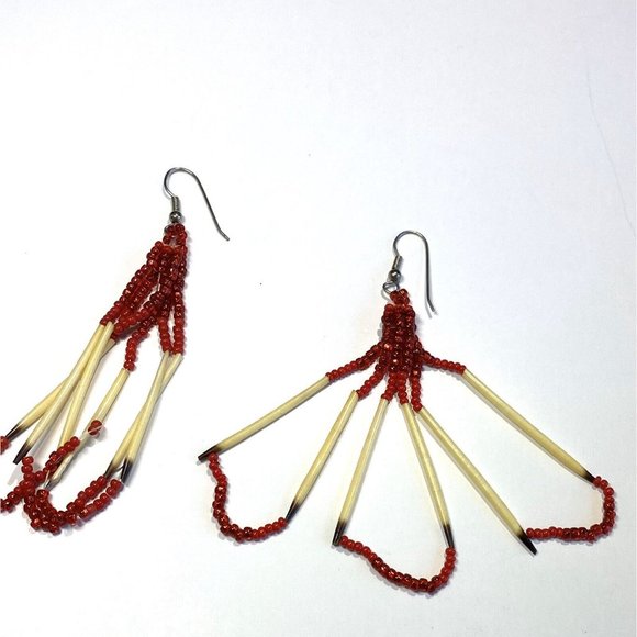 Red Cream Ivory Colored Quill Red Beads Dangling Silver Toned Earrings - Picture 3 of 6